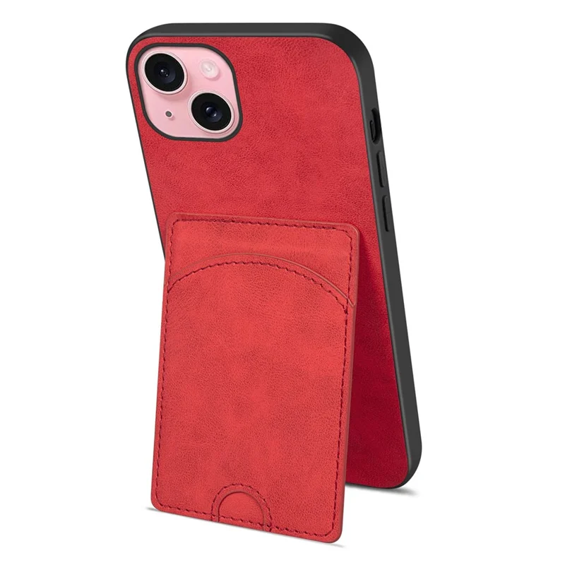 For iPhone 15 Kickstand Case Card Holder PU Leather Coated TPU Back Cover - Red