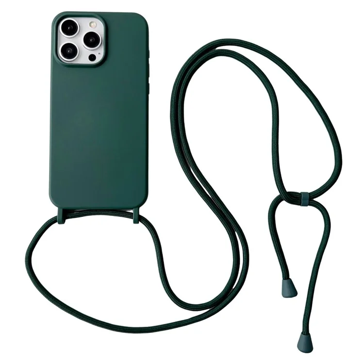 Funda para iPhone 15 Pro Max Tacto Suave Silicona Líquida Funda de Teléfono con Correa de Cuello Ajustable - Verde Oscuro