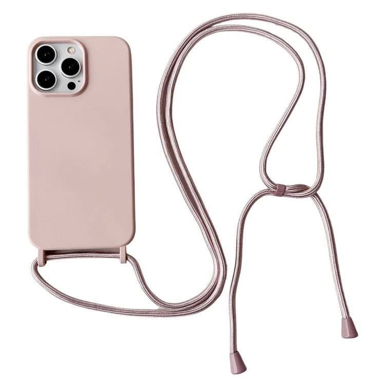 For iPhone 15 Pro Max Case Soft Touch Liquid Silicone Phone Cover with Neck Lanyard Strap - Pink