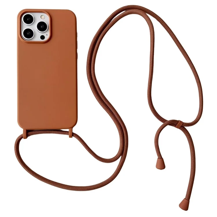 For iPhone 15 Pro Max Case Soft Touch Liquid Silicone Phone Cover with Neck Lanyard Strap - Brown