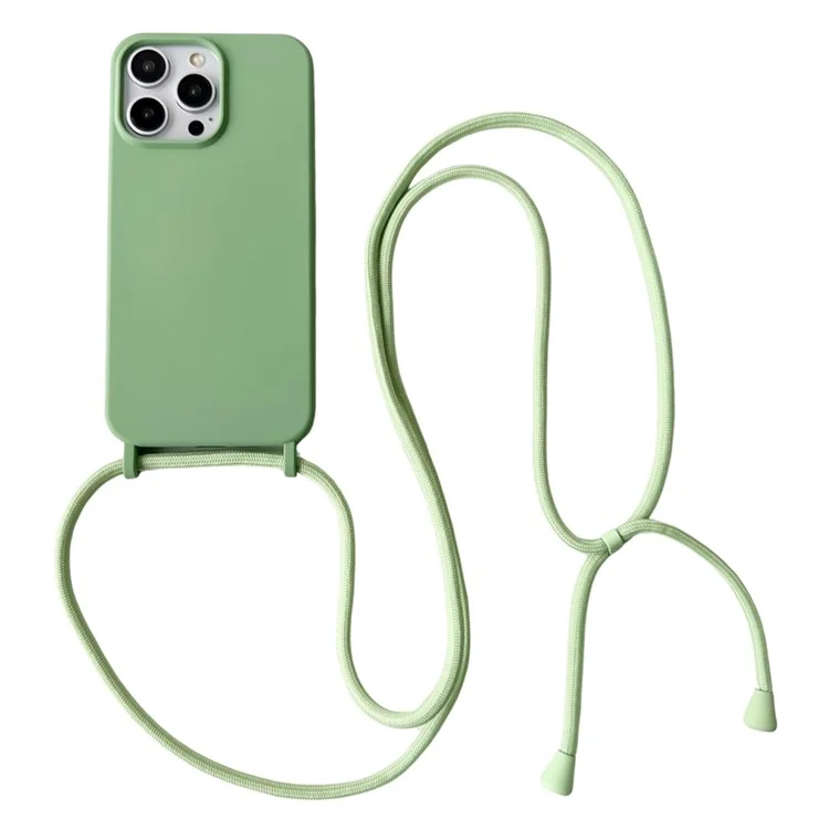 For iPhone 15 Pro Max Case Soft Touch Liquid Silicone Phone Cover with Neck Lanyard Strap - Light Green