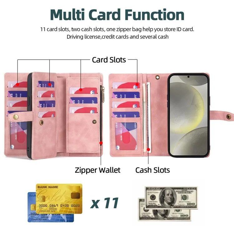 MEGSHI H1 Series For Samsung Galaxy S24+ Case 2-in-1 Magnetic Detachable Wallet PU Leather Phone Cover - Pink