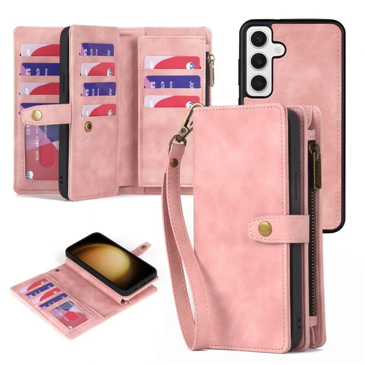 MEGSHI H1 Series For Samsung Galaxy S23 FE Leather Case Detachable 2-in-1 Zipper Phone Cover - Pink