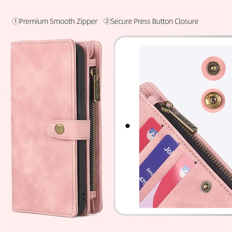 MEGSHI H1 Series For Samsung Galaxy S23 FE Leather Case Detachable 2-in-1 Zipper Phone Cover - Pink