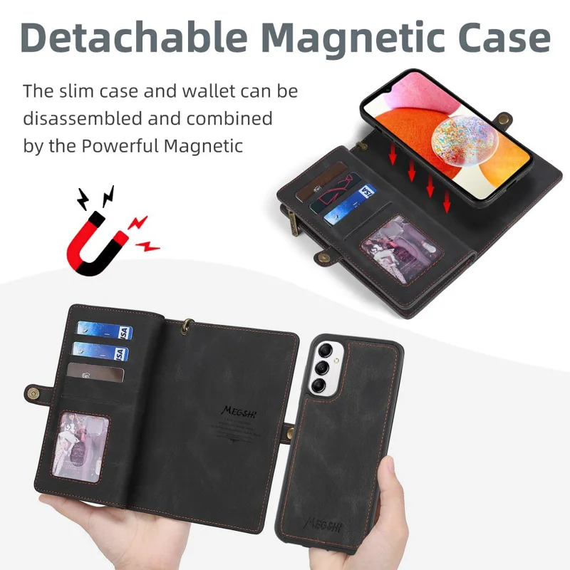 MEGSHI 017 Series For Samsung Galaxy S24 Phone Case Magnetic Detachable Wallet Leather Cover - Black