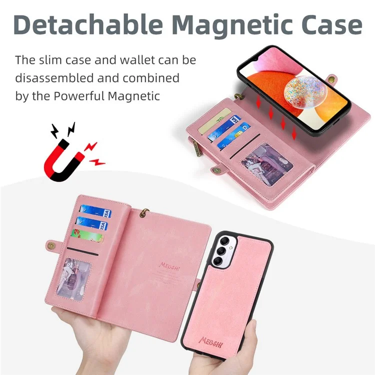 MEGSHI 017 Series For Samsung Galaxy S23 FE Wallet Case 2-in-1 Detachable Leather Phone Cover - Rose Gold