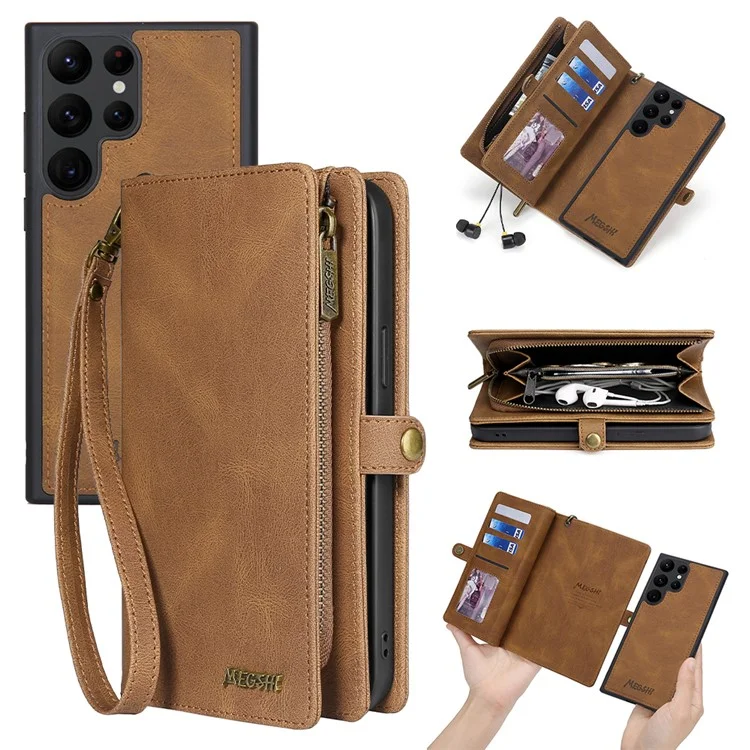 MEGSHI 017 Serie per Samsung Galaxy S24 Ultra Case Zipper Wallet Staccabile Letaher Phone Bag - Marrone
