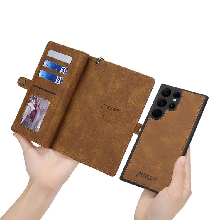 MEGSHI 017 Serie per Samsung Galaxy S24 Ultra Case Zipper Wallet Staccabile Letaher Phone Bag - Marrone