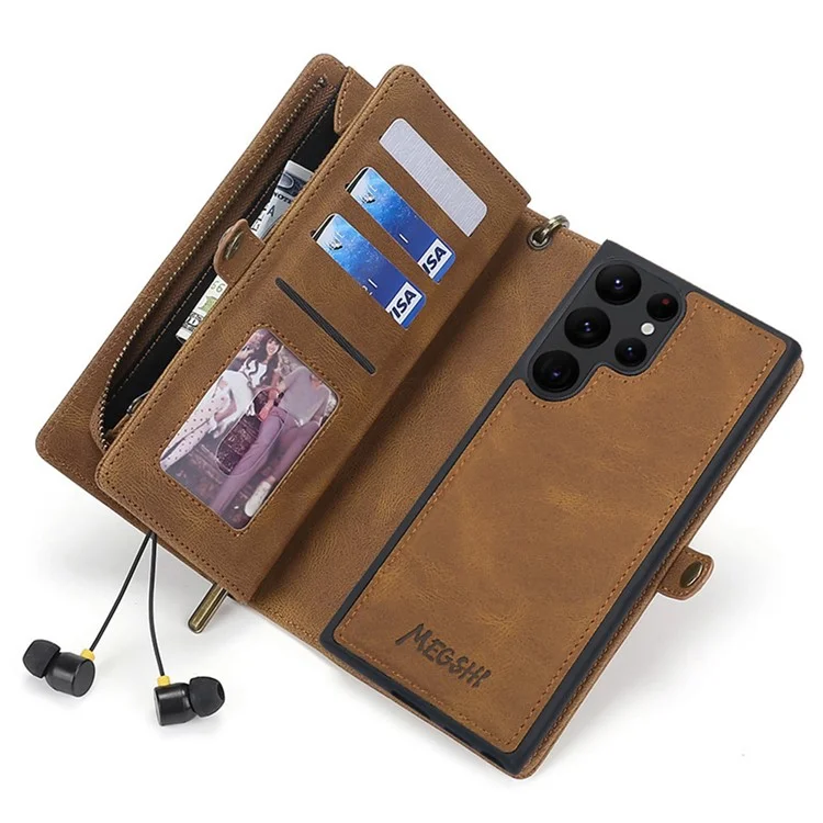 MEGSHI 017 Serie per Samsung Galaxy S24 Ultra Case Zipper Wallet Staccabile Letaher Phone Bag - Marrone