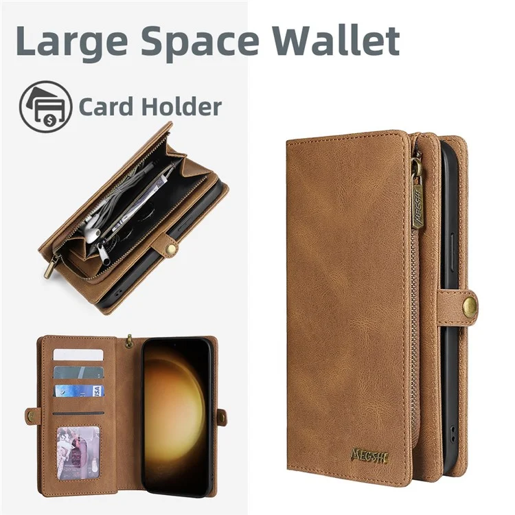 MEGSHI 017 Serie per Samsung Galaxy S24 Ultra Case Zipper Wallet Staccabile Letaher Phone Bag - Marrone