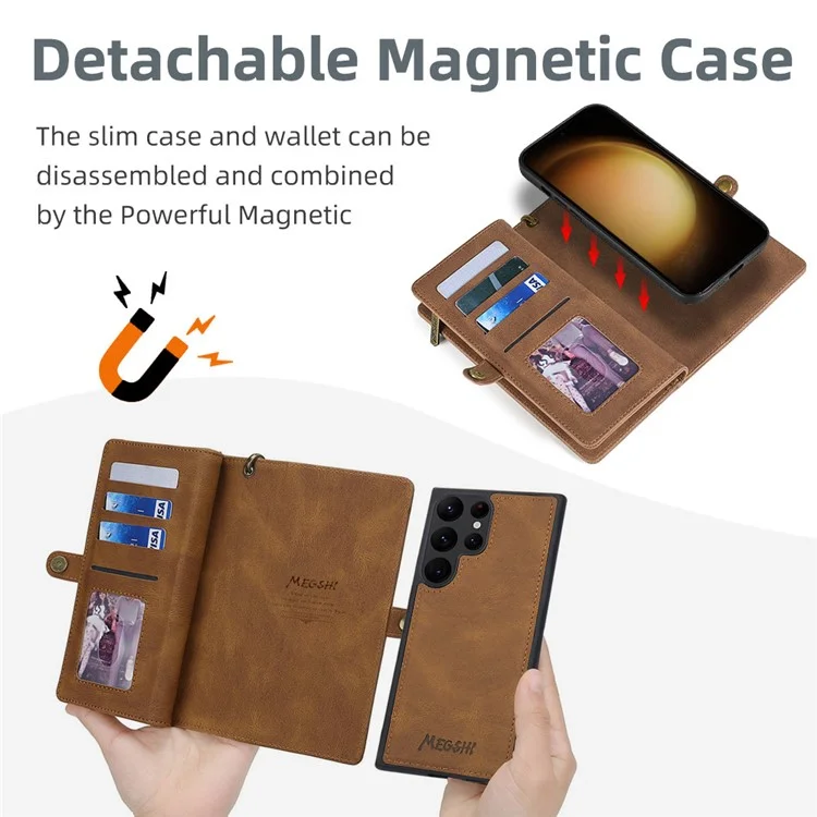 MEGSHI 017 Serie per Samsung Galaxy S24 Ultra Case Zipper Wallet Staccabile Letaher Phone Bag - Marrone