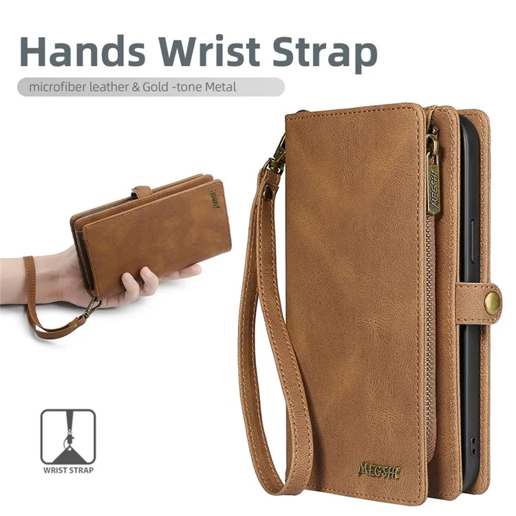 MEGSHI 017 Serie per Samsung Galaxy S24 Ultra Case Zipper Wallet Staccabile Letaher Phone Bag - Marrone