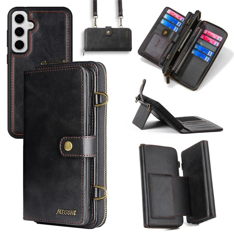MEGSHI 020 Series for Samsung Galaxy S24 Leather Case Detachable Magnetic Phone Wallet Cover - Black