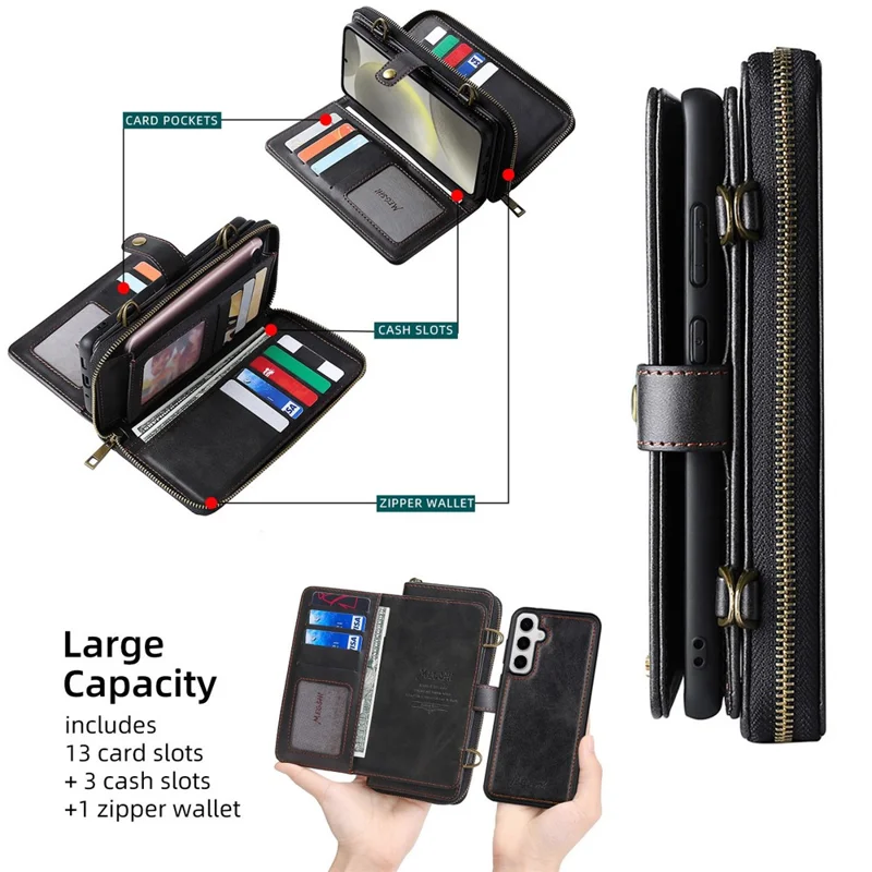 MEGSHI 020 Series for Samsung Galaxy S24 Leather Case Detachable Magnetic Phone Wallet Cover - Black