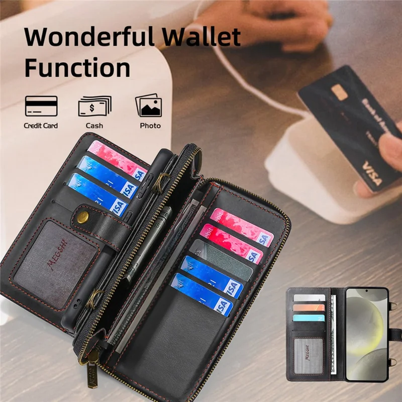 MEGSHI 020 Series for Samsung Galaxy S24 Leather Case Detachable Magnetic Phone Wallet Cover - Black