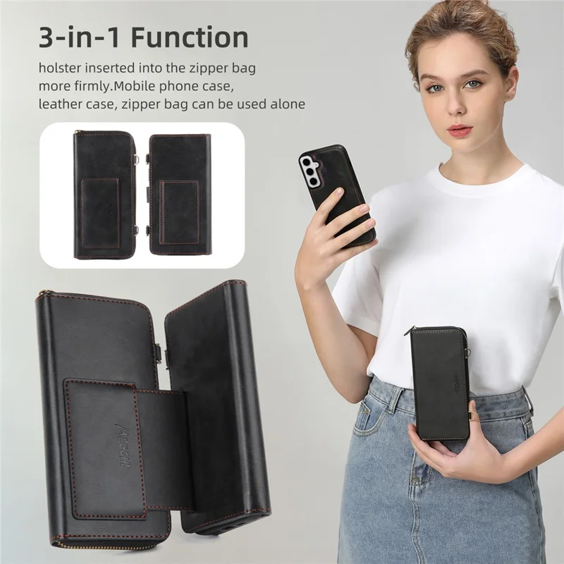 MEGSHI 020 Series for Samsung Galaxy S24 Leather Case Detachable Magnetic Phone Wallet Cover - Black