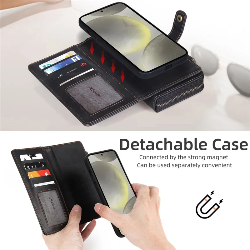 MEGSHI 020 Series for Samsung Galaxy S24 Leather Case Detachable Magnetic Phone Wallet Cover - Black