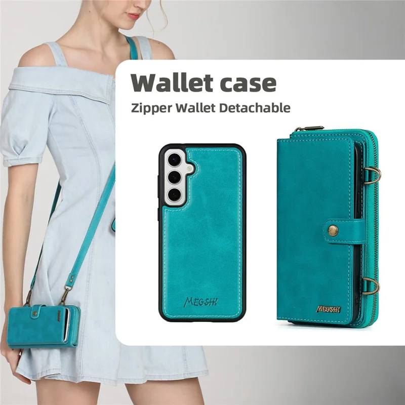 MEGSHI 020 Series for Samsung Galaxy S24+ Phone Case Crossbody PU Leather Foldable Stand Cover - Blue