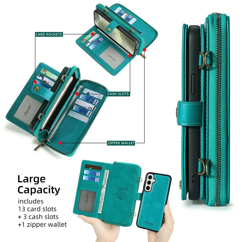 MEGSHI 020 Series for Samsung Galaxy S24+ Phone Case Crossbody PU Leather Foldable Stand Cover - Blue