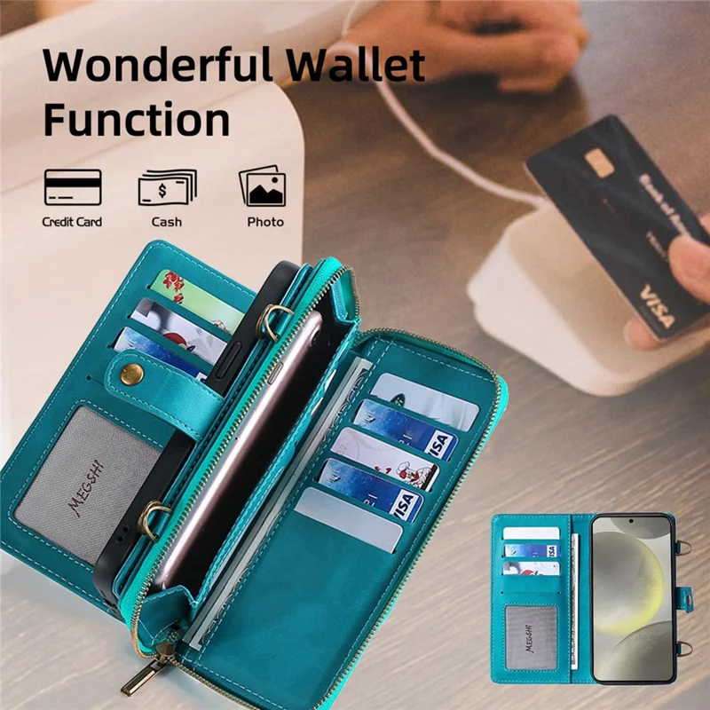 MEGSHI 020 Series for Samsung Galaxy S24+ Phone Case Crossbody PU Leather Foldable Stand Cover - Blue