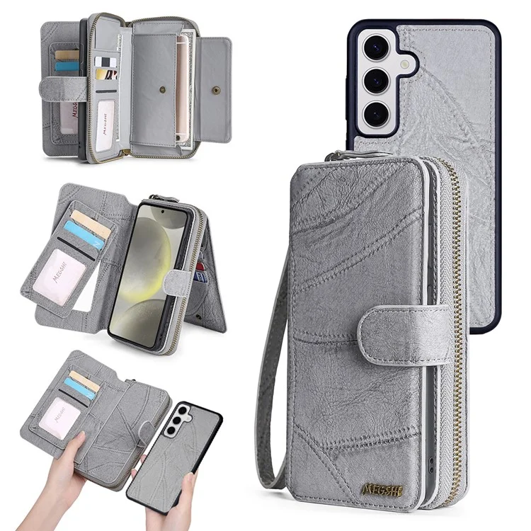 MEGSHI 004 Série pour Samsung Galaxy S24 Étui magnétique Poche détachable Portefeuille Housse de téléphone - Gris