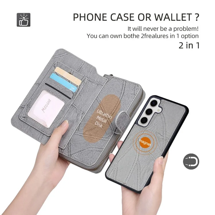 MEGSHI 004 Série pour Samsung Galaxy S24 Étui magnétique Poche détachable Portefeuille Housse de téléphone - Gris