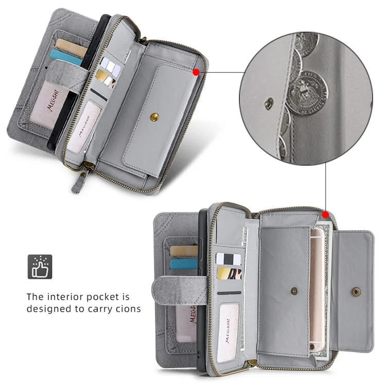 MEGSHI 004 Série pour Samsung Galaxy S24 Étui magnétique Poche détachable Portefeuille Housse de téléphone - Gris