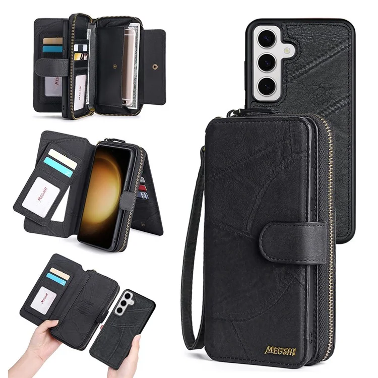 MEGSHI 004 Series For Samsung Galaxy S23 FE Smontabile Custodia Portafoglio Stand Cover Magnetica in Pelle - Nero