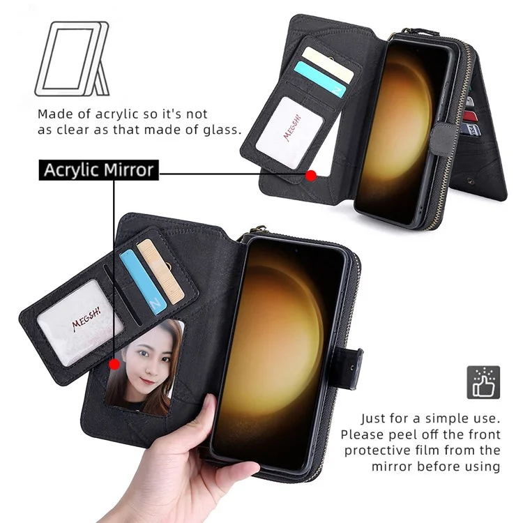 MEGSHI 004 Series For Samsung Galaxy S23 FE Smontabile Custodia Portafoglio Stand Cover Magnetica in Pelle - Nero