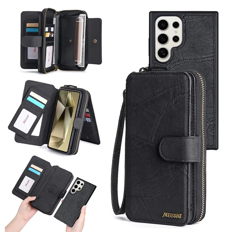 MEGSHI 004 Series For Samsung Galaxy S24 Ultra PU Leather Zipper Wallet Stand Cover Detachable Phone Case with Mirror - Black