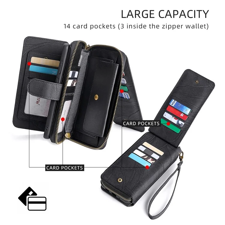 MEGSHI 004 Series For Samsung Galaxy S24 Ultra PU Leather Zipper Wallet Stand Cover Detachable Phone Case with Mirror - Black