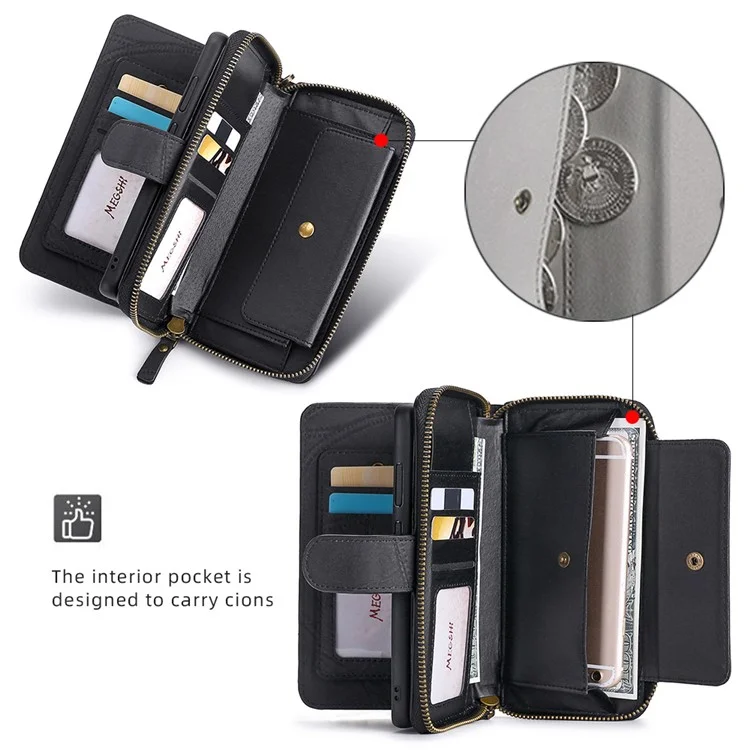MEGSHI 004 Series For Samsung Galaxy S24 Ultra PU Leather Zipper Wallet Stand Cover Detachable Phone Case with Mirror - Black