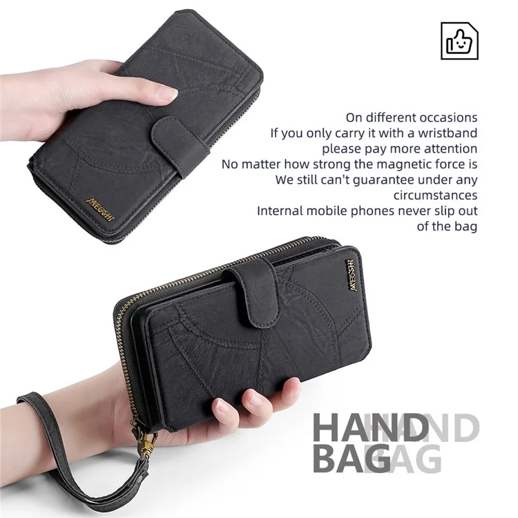 MEGSHI 004 Series For Samsung Galaxy S24 Ultra PU Leather Zipper Wallet Stand Cover Detachable Phone Case with Mirror - Black