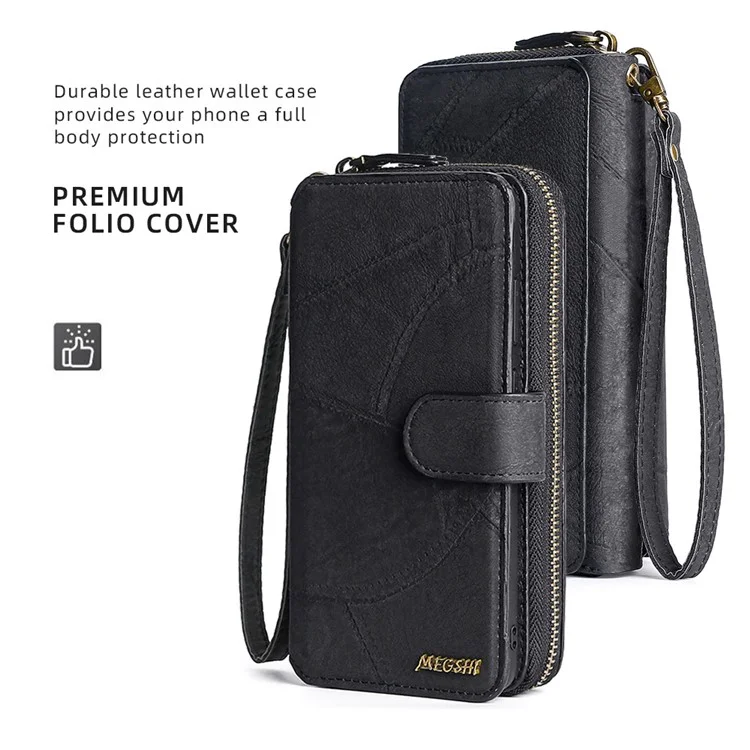 MEGSHI 004 Series For Samsung Galaxy S24 Ultra PU Leather Zipper Wallet Stand Cover Detachable Phone Case with Mirror - Black