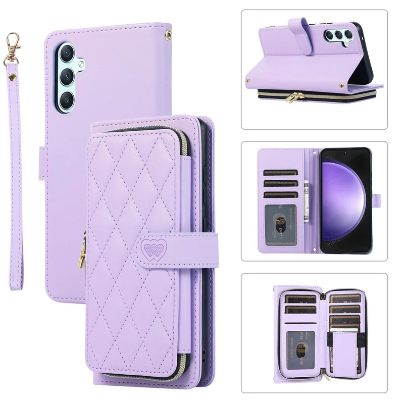 For Samsung Galaxy S23 FE Leather Case Rhombus Stitching Wallet Zipper Phone Cover with Strap - Light Purple