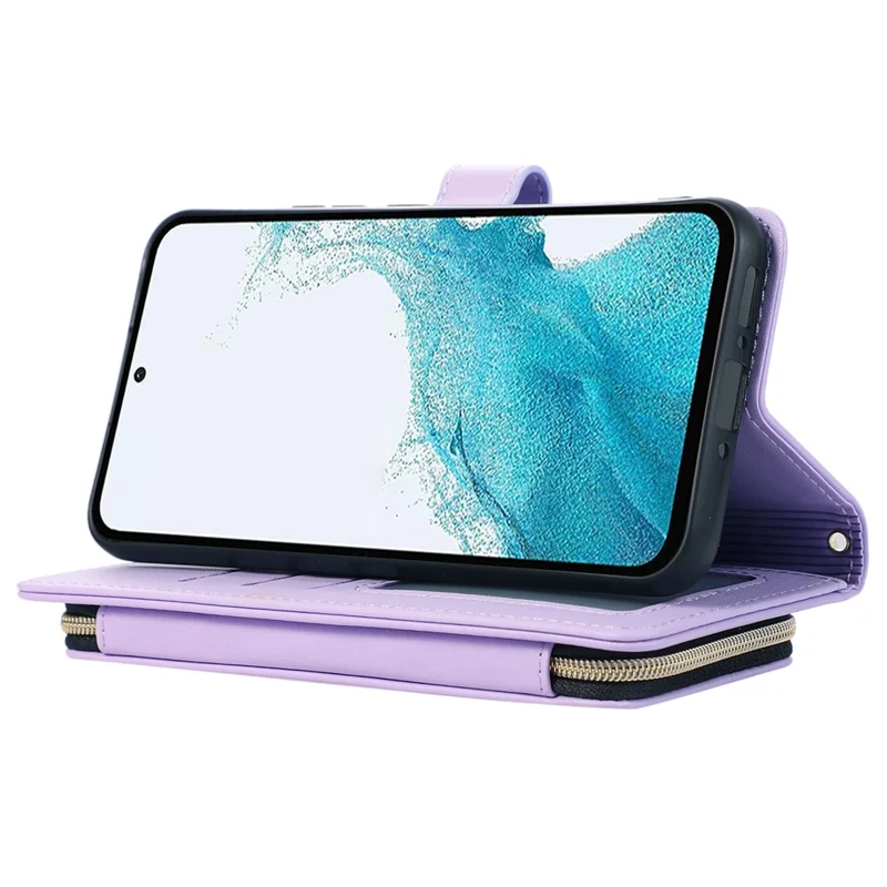 For Samsung Galaxy S23 FE Leather Case Rhombus Stitching Wallet Zipper Phone Cover with Strap - Light Purple