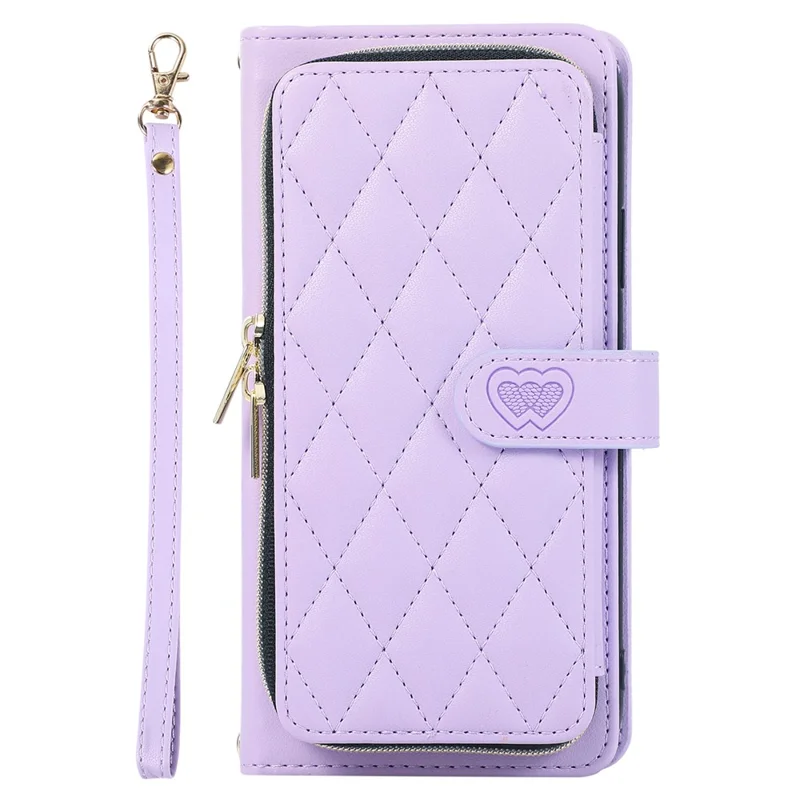 For Samsung Galaxy S23 FE Leather Case Rhombus Stitching Wallet Zipper Phone Cover with Strap - Light Purple