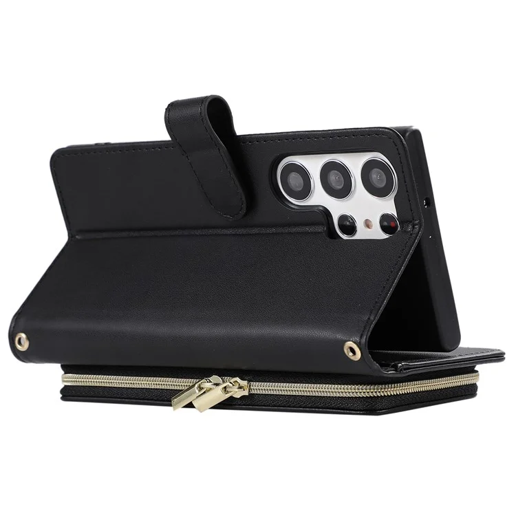 For Samsung Galaxy S23 Ultra Case with Hand Strap Rhombus Zipper Leather Phone Cover - Black