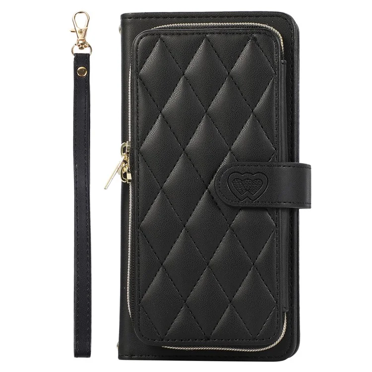 For Samsung Galaxy S23 Ultra Case with Hand Strap Rhombus Zipper Leather Phone Cover - Black