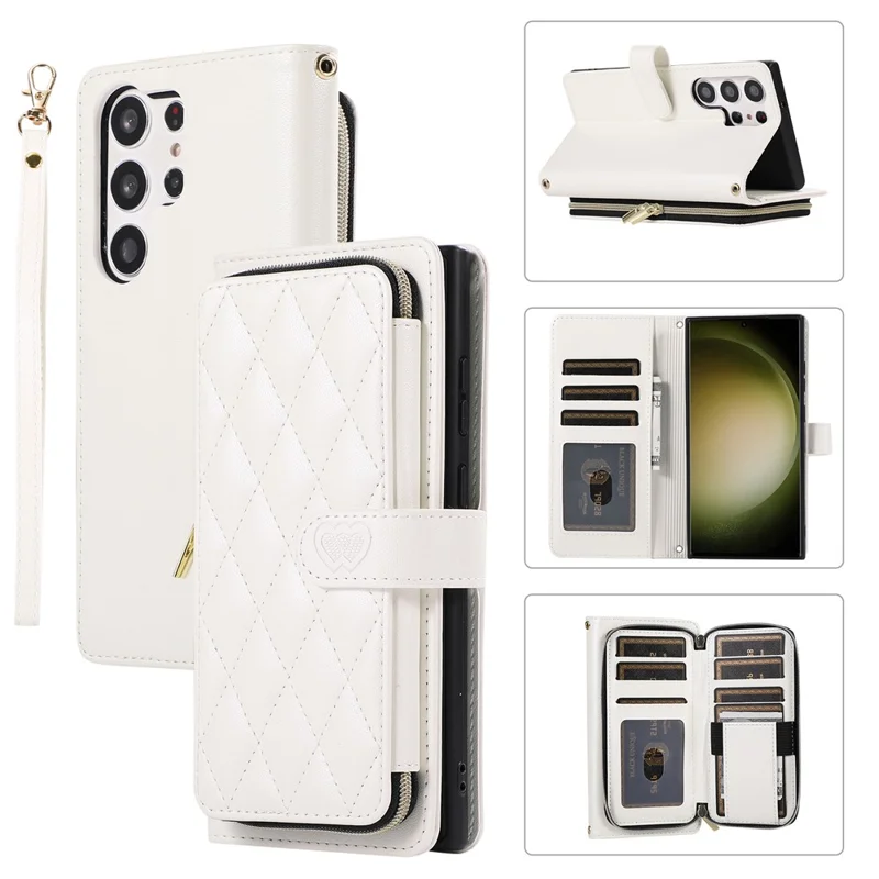 For Samsung Galaxy S23 Ultra Case with Hand Strap Rhombus Zipper Leather Phone Cover - White
