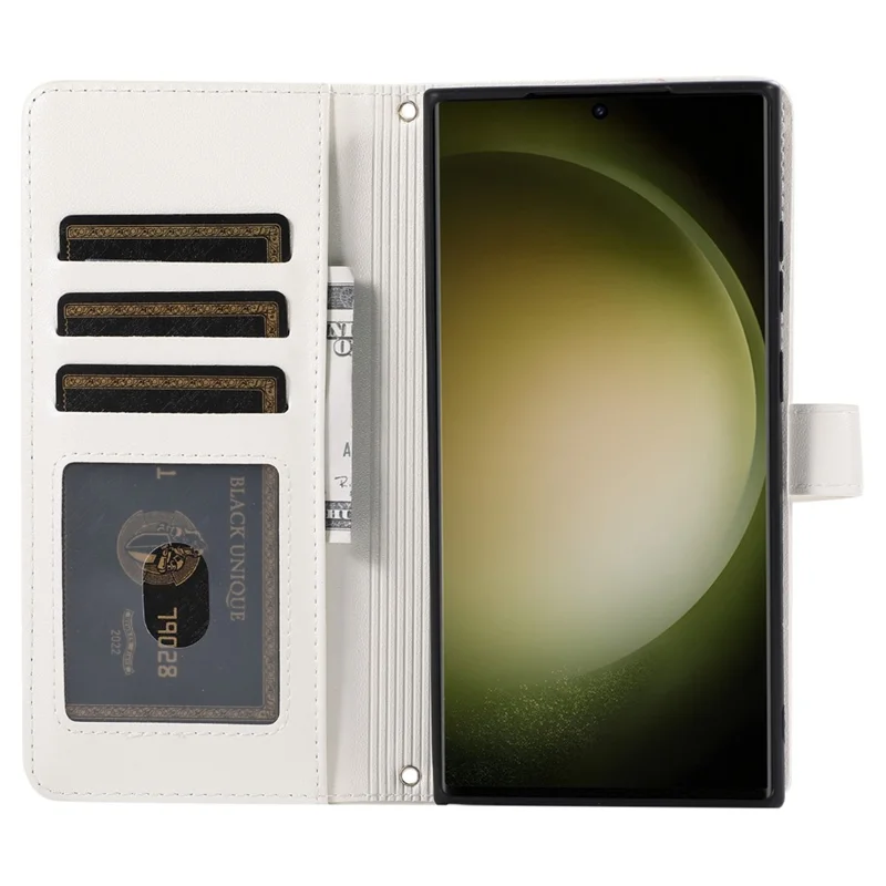 For Samsung Galaxy S23 Ultra Case with Hand Strap Rhombus Zipper Leather Phone Cover - White