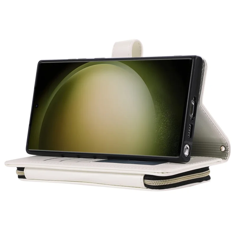 For Samsung Galaxy S23 Ultra Case with Hand Strap Rhombus Zipper Leather Phone Cover - White