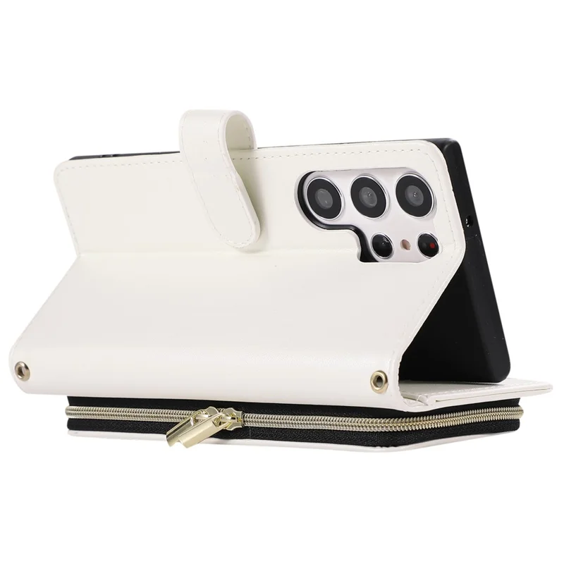 For Samsung Galaxy S23 Ultra Case with Hand Strap Rhombus Zipper Leather Phone Cover - White