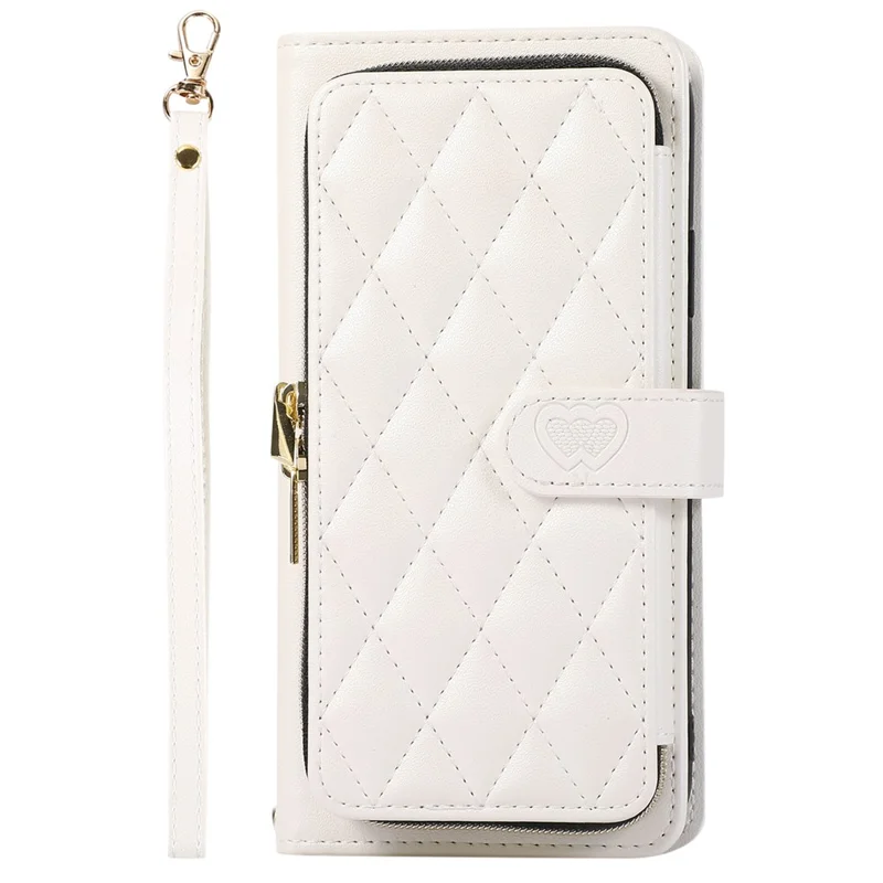 For Samsung Galaxy S23 Ultra Case with Hand Strap Rhombus Zipper Leather Phone Cover - White