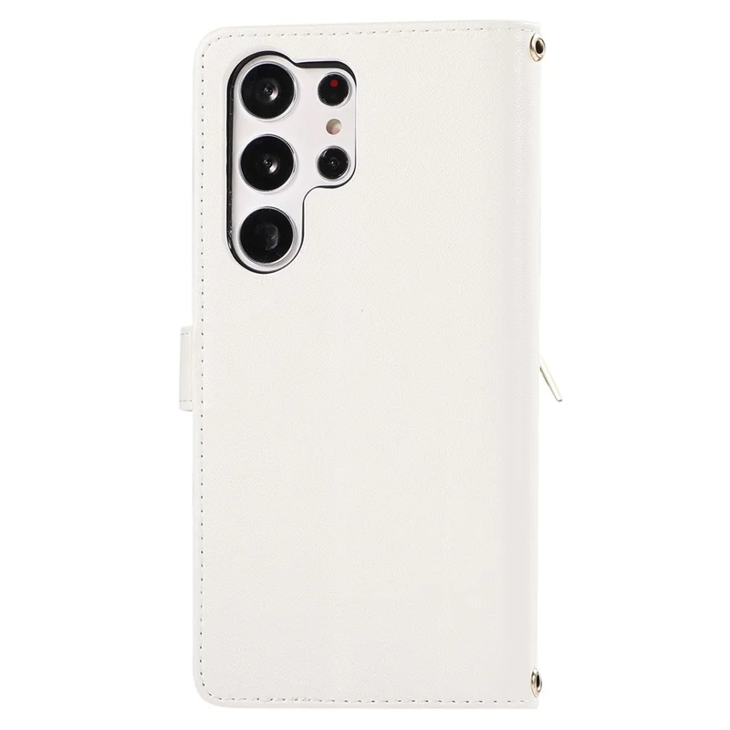 For Samsung Galaxy S23 Ultra Case with Hand Strap Rhombus Zipper Leather Phone Cover - White