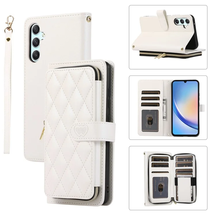 For Samsung Galaxy A34 5G Case Zipper Pocket Leather Wallet Phone Cover with Hand Strap - White