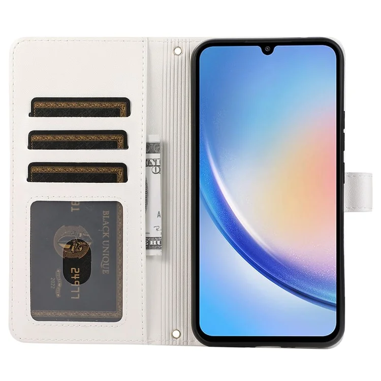 For Samsung Galaxy A34 5G Case Zipper Pocket Leather Wallet Phone Cover with Hand Strap - White
