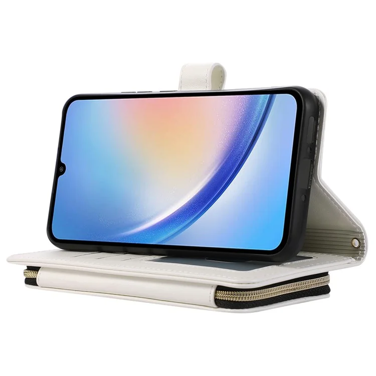 For Samsung Galaxy A34 5G Case Zipper Pocket Leather Wallet Phone Cover with Hand Strap - White