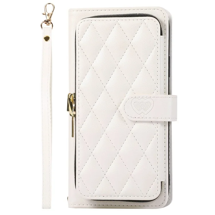 For Samsung Galaxy A34 5G Case Zipper Pocket Leather Wallet Phone Cover with Hand Strap - White