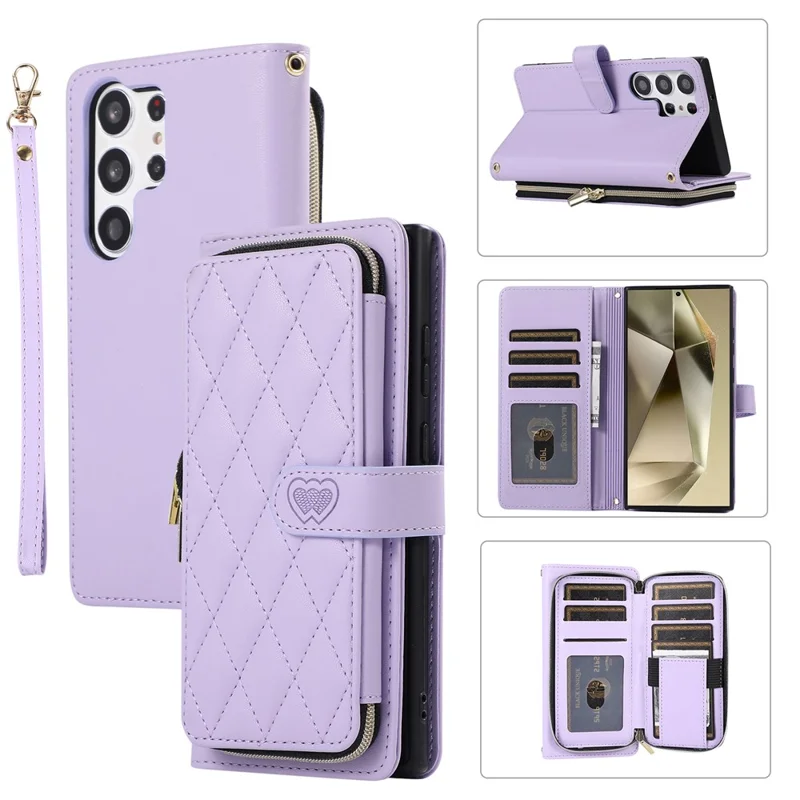 For Samsung Galaxy S24 Ultra Case with Hand Strap Zipper Rhombus Leather Wallet Cover - Light Purple